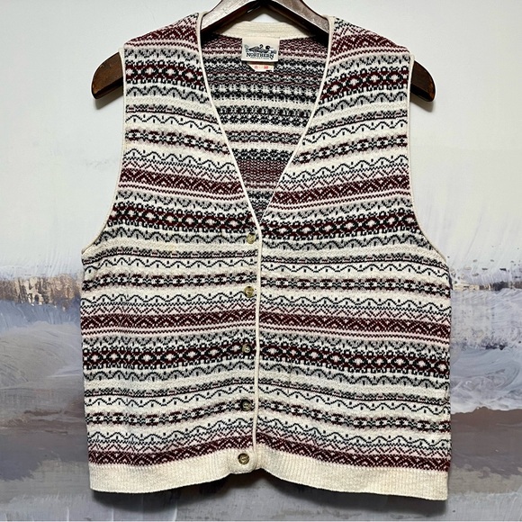 Vtg NORTHERN REFLECTIONS Fair Isle Cardigan Sweater Vest Women's XL Button Front - Picture 1 of 14